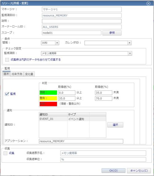 リソース監視(メモリ使用率)監視設定