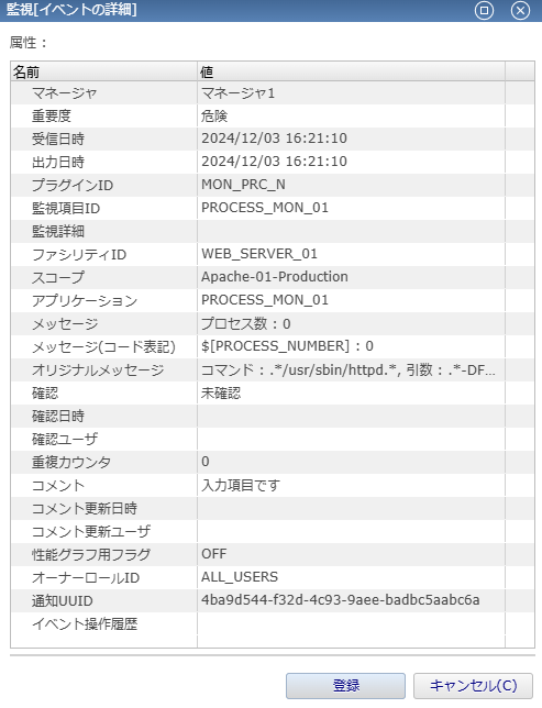 プロセスが存在しないときのプロセス監視結果